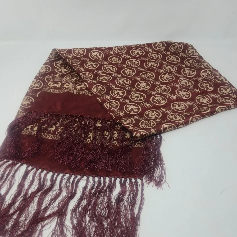 Vintage 100% Silk Scarf Burgundy Gold Dragon Medallions Tassel Fringe 48